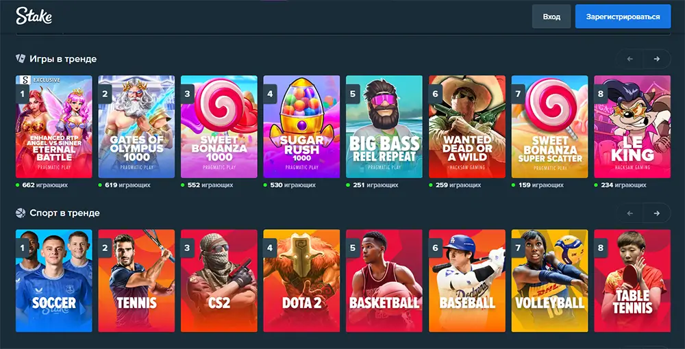 Трендові ігри та види спорту на головній сторінці Stake